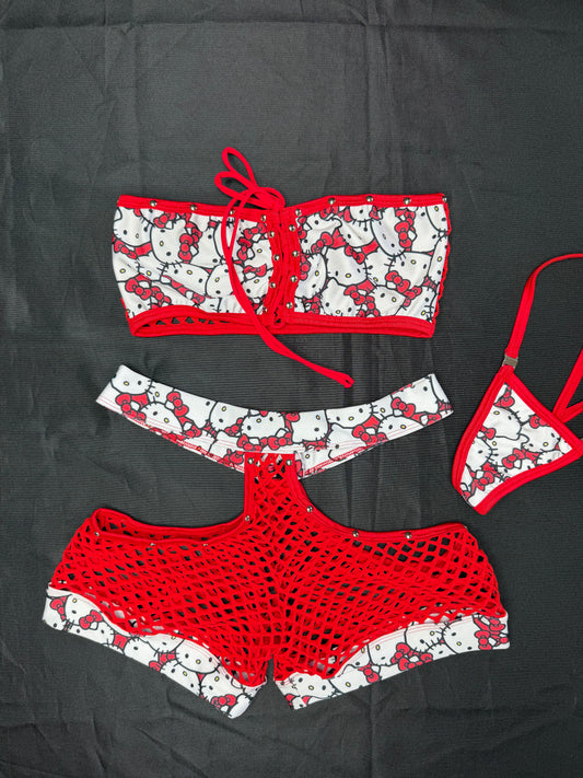 Kitty Print/Red Spandex Tube Top/Shorts Lingerie Outfit