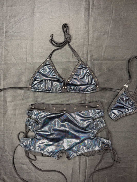 Metallic Black/Black Spandex Bikini Top/Shorts Two-Piece Lingerie Outfit