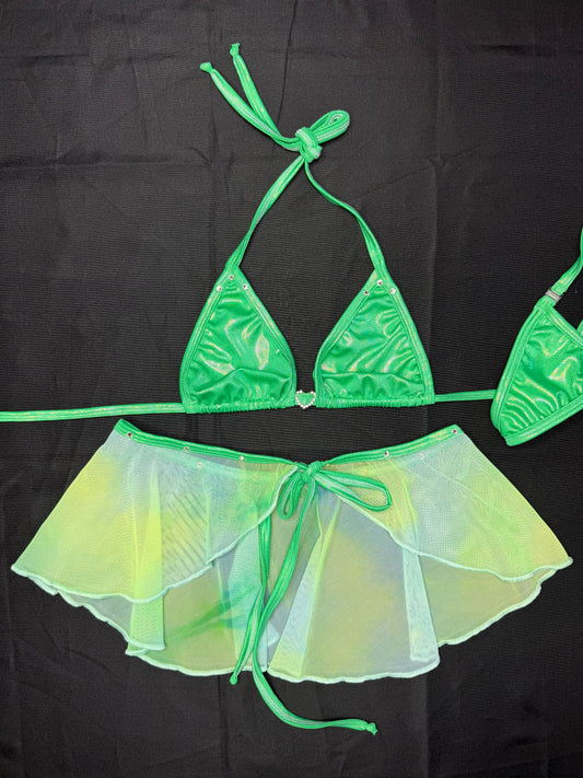 Green Spandex/Green Ombre Mesh Two-Piece Skirt Lingerie Outfit