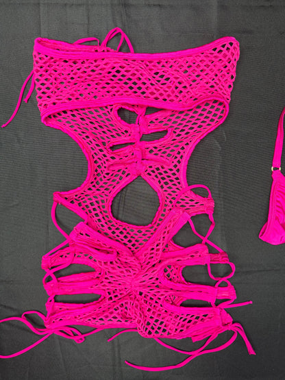 Fuchsia Spandex Fishnet One-Piece Lingerie Outfit