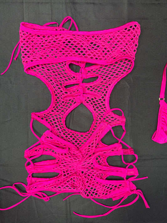 Fuchsia Spandex Fishnet One-Piece Lingerie Outfit