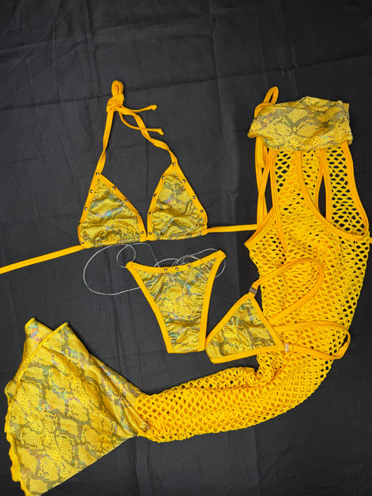 Yellow Animal Print/Daffodil Yellow Fishnet Spandex Chaps Leg Outfit/Bikini Lingerie Outfit