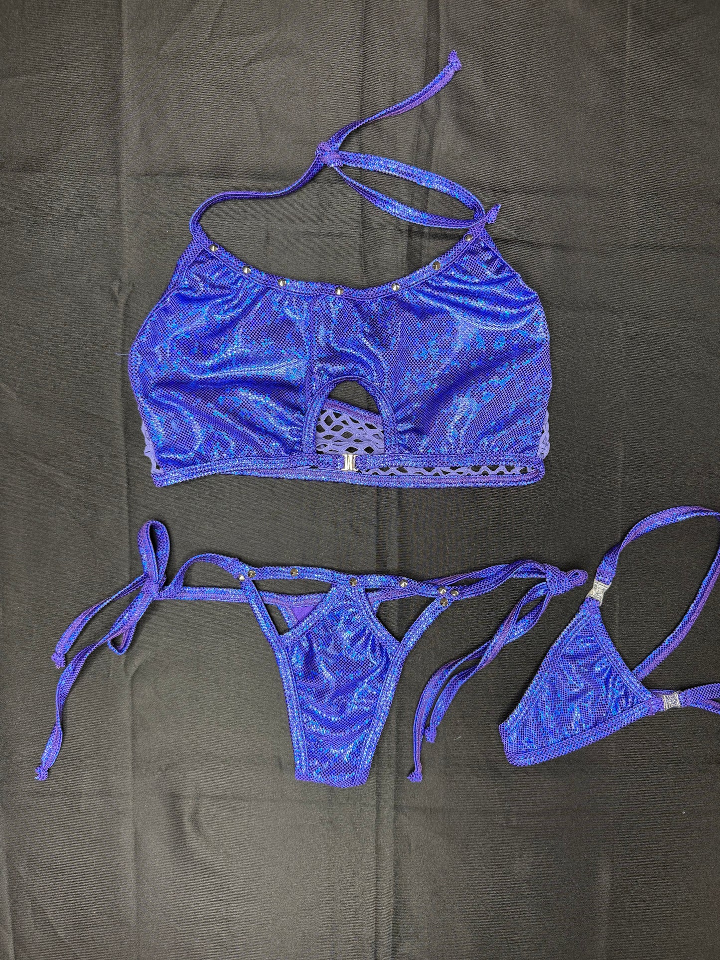 Electric Blue Holographic/Purple Fishnet Spandex Two-Piece Lingerie Outfit