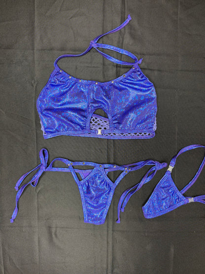 Electric Blue Holographic/Purple Fishnet Spandex Two-Piece Lingerie Outfit