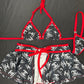 Red/Black Designer Spandex Two-Piece Bikini Top/Skirt Lingerie Outfit