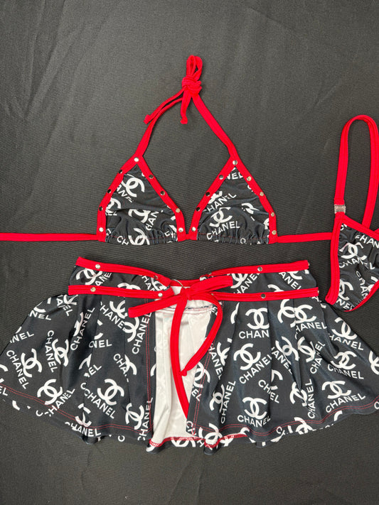 Red/Black Designer Spandex Two-Piece Bikini Top/Skirt Lingerie Outfit
