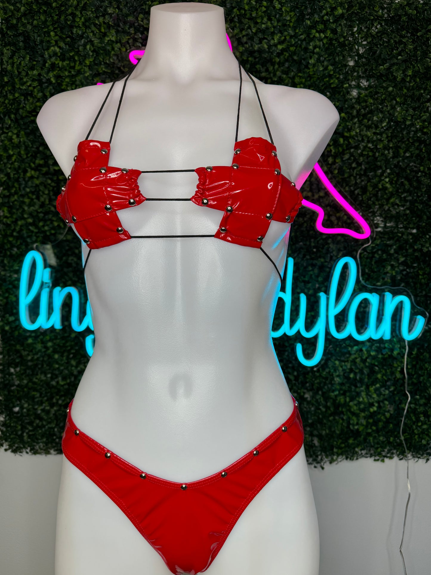 Red Latex Two-Piece Bikini Lingerie Outfit