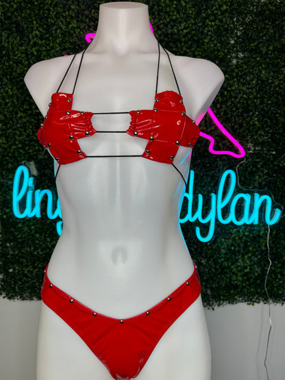 Red Latex Two-Piece Bikini Lingerie Outfit