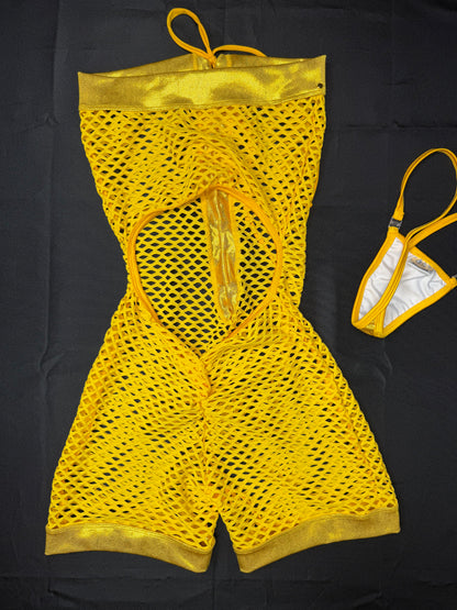 Daffodil Yellow Fishnet/Metallic Yellow Spandex One-Piece Lingerie Outfit