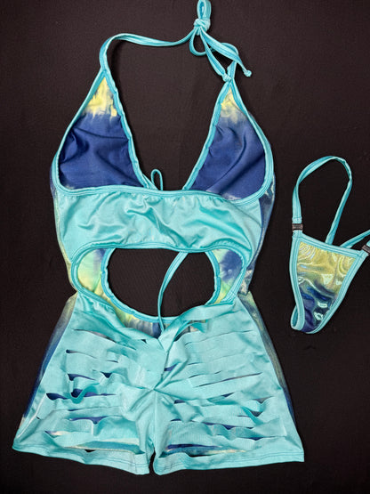 Navy/Cyan Ombré One-Piece Ripped Back Lingerie Outfit