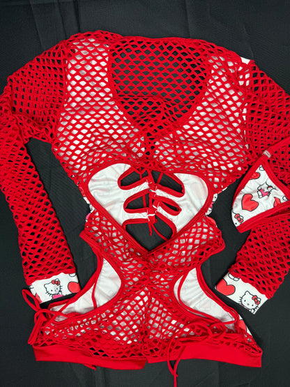Heart Kitty Print/Red Fishnet Spandex One-Piece Romper Lingerie Outfit