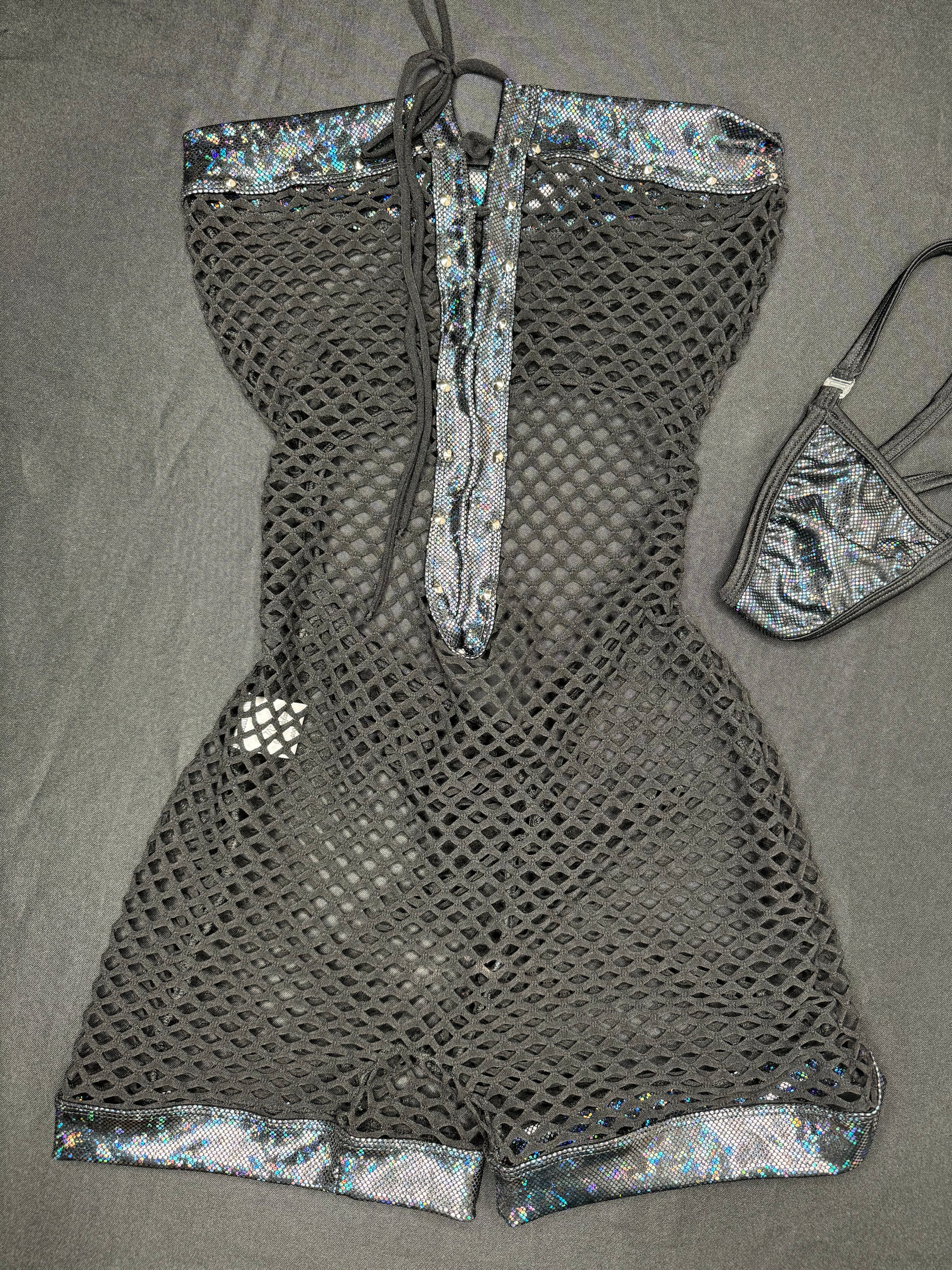 Metallic Black/Black Fishnet One-Piece Lingerie Outfit – Lingeriebydylan