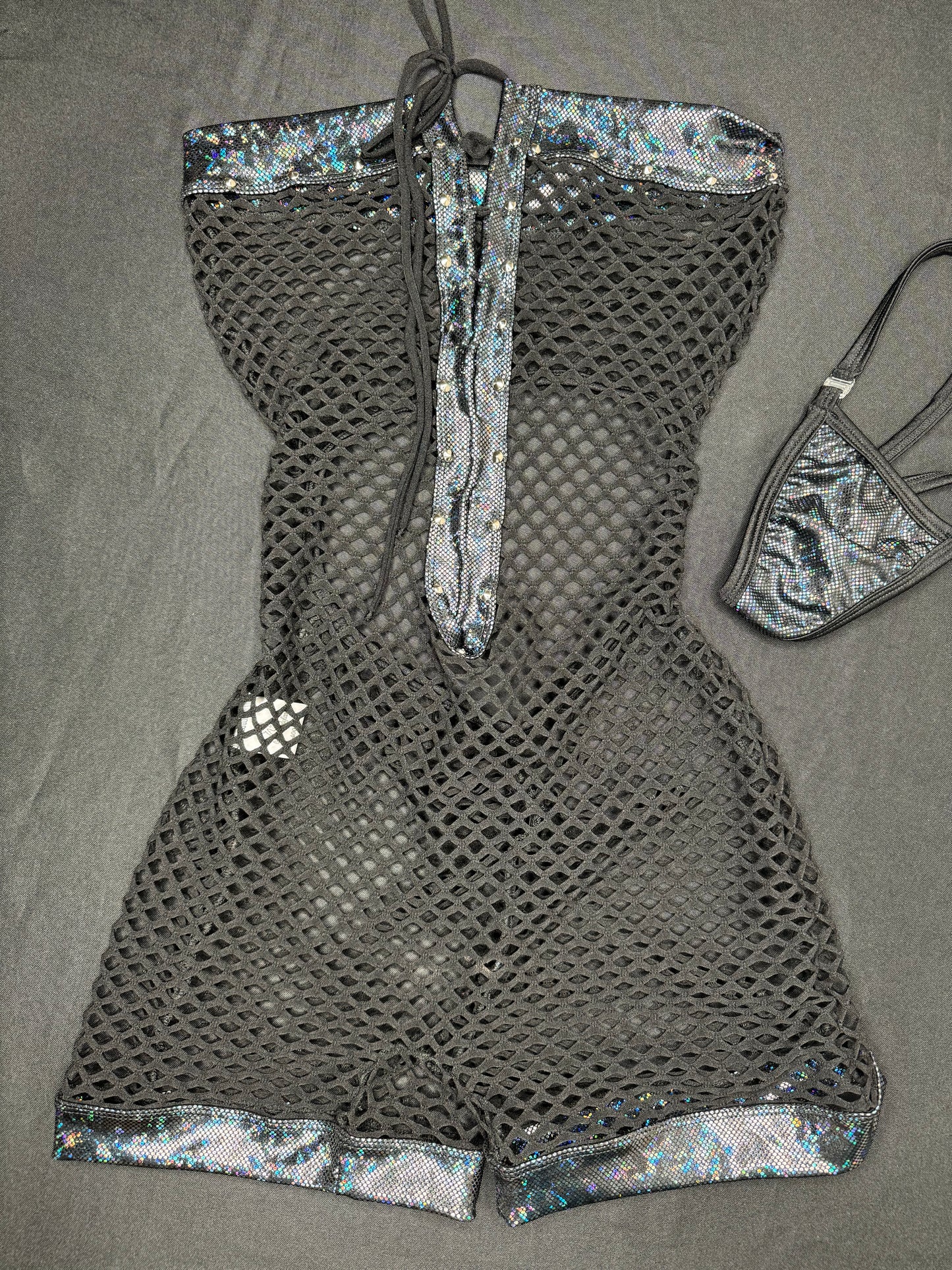 Metallic Black/Black Fishnet One-Piece Lingerie Outfit
