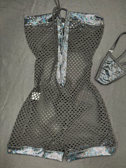Metallic Black/Black Fishnet One-Piece Lingerie Outfit