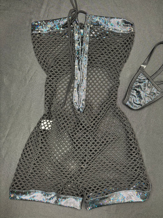 Metallic Black/Black Fishnet One-Piece Lingerie Outfit