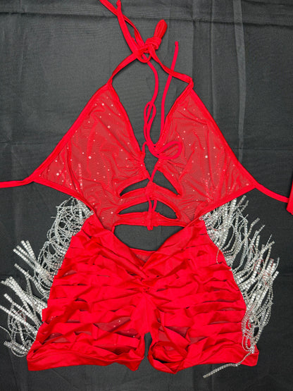 Red Mesh/Red Spandex/Metallic Fringe Ripped Back One-Piece Lingerie Outfit