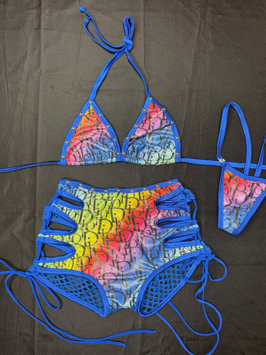 Rainbow Designer/Royal Blue Spandex Bikini Top/Shorts Two-Piece Lingerie Outfit