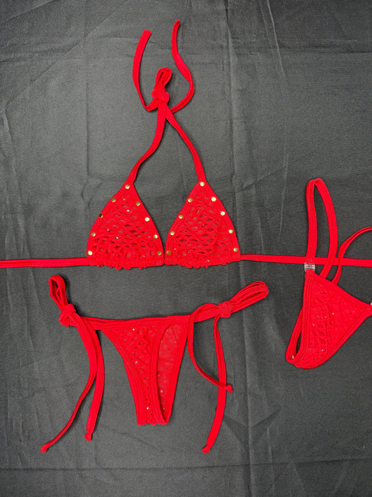 Red Mesh/Fishnet Spandex Two-Piece Bikini Lingerie Outfit