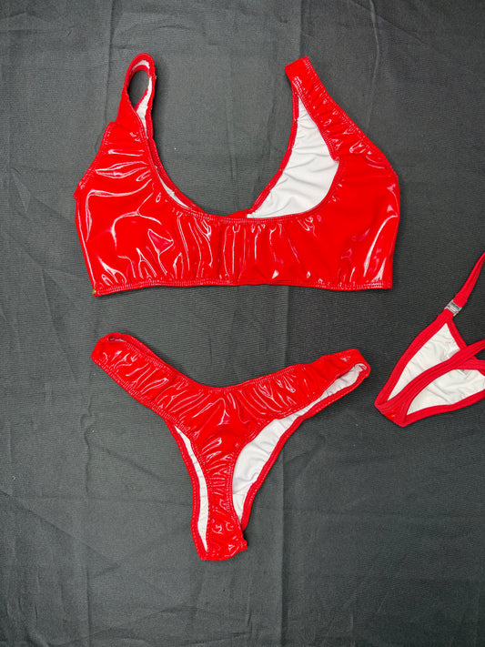 Red Latex Sports Bra/Cheeky Thong Two-Piece Lingerie Outfit