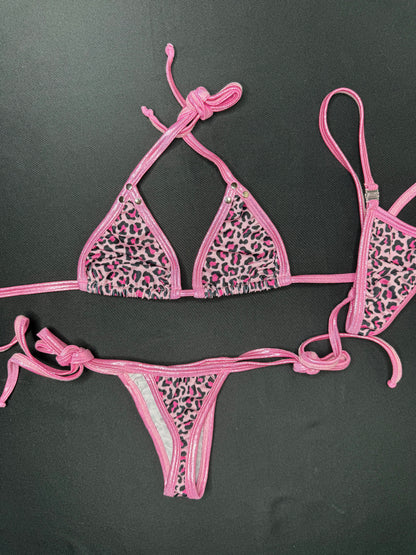 Pink Cheetah Print Spandex/Pink Microdot Two-Piece Side-Tie Bikini Lingerie Outfit