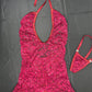Burgundy Sequins Lace Ripped Back One-Piece Lingerie Outfit