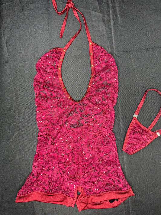Burgundy Sequins Lace Ripped Back One-Piece Lingerie Outfit