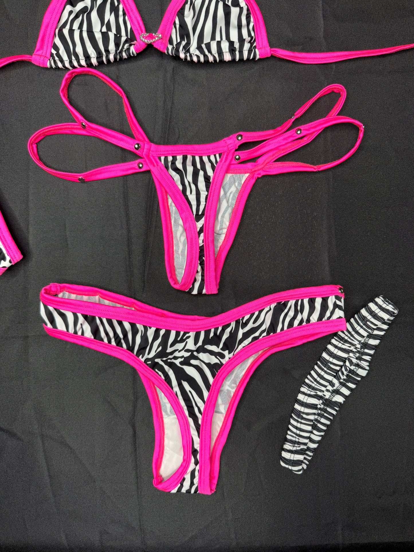 Zebra Animal Print/Hot Pink Spandex Three-Piece Lingerie Outfit with Garter