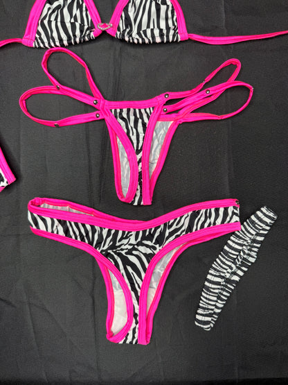 Zebra Animal Print/Hot Pink Spandex Three-Piece Lingerie Outfit with Garter