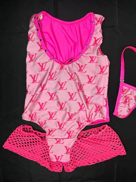 Hot Pink Spandex Designer One-Piece Romper Lingerie Outfit