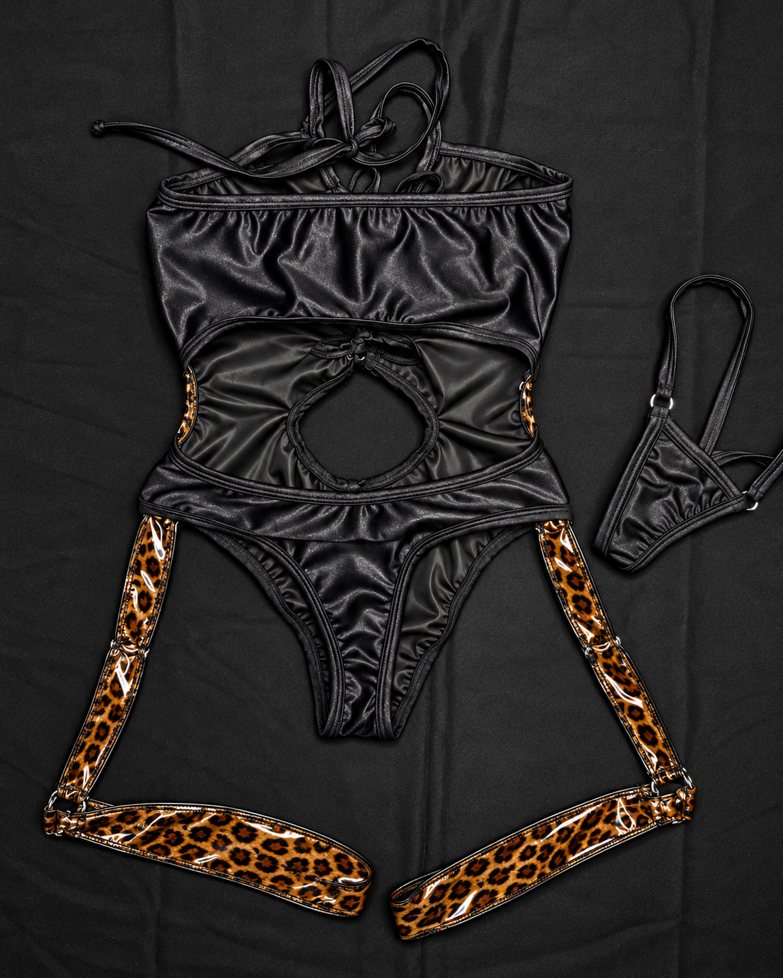 Cheetah Print Vinyl/Black Spandex One-Piece Garters Lingerie Outfit