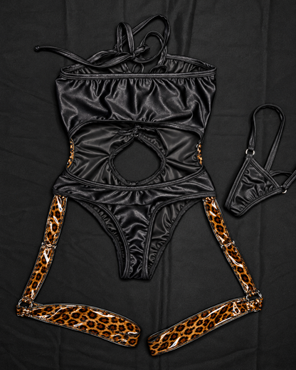 Cheetah Print Vinyl/Black Spandex One-Piece Garters Lingerie Outfit