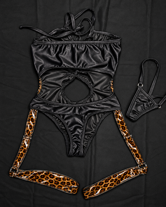 Cheetah Print Vinyl/Black Spandex One-Piece Garters Lingerie Outfit