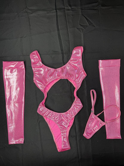 Metallic Pink One-Piece/Sleeves Lingerie Outfit