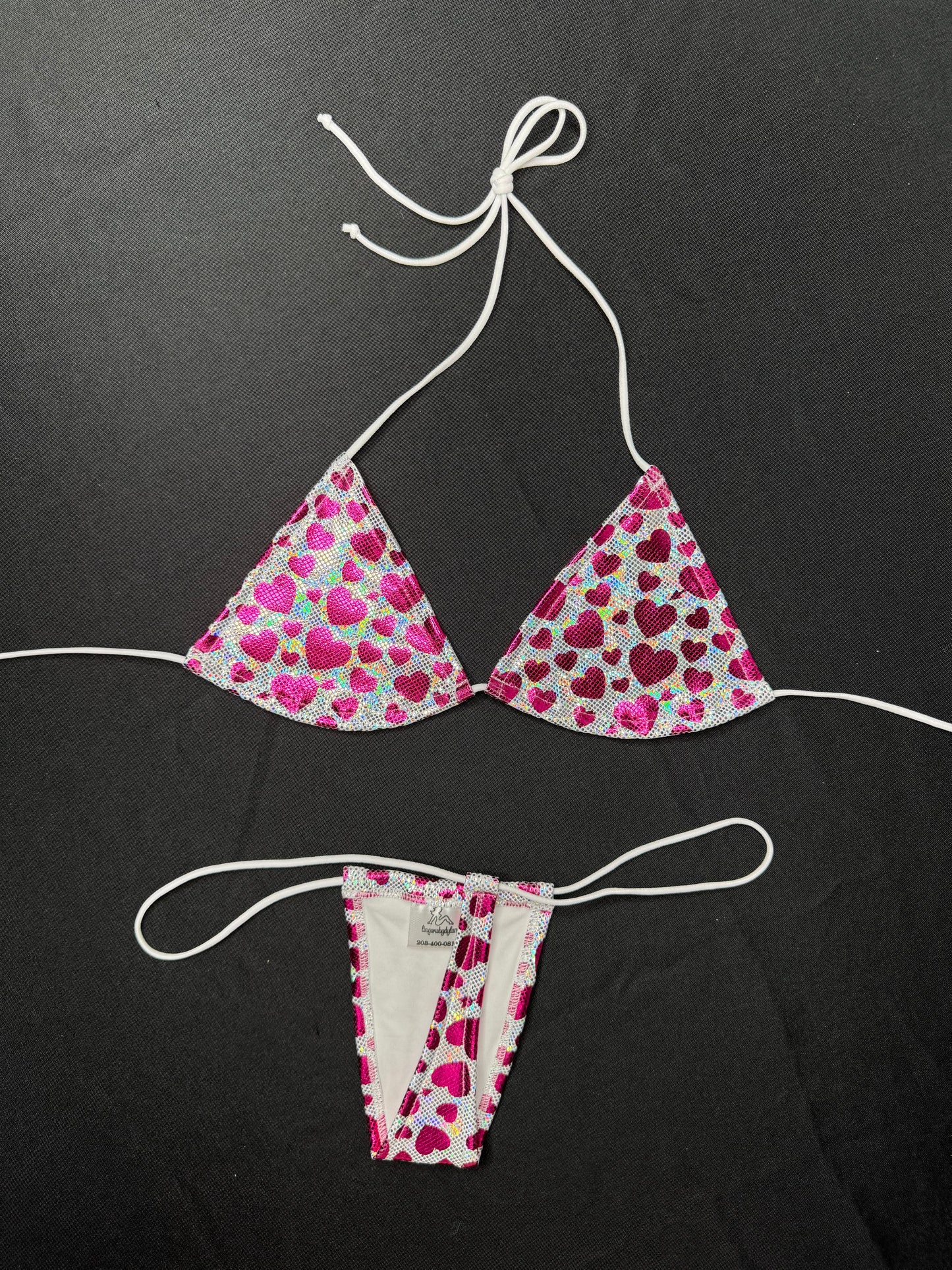 Heart Holographic Two-Piece Micro Bikini Lingerie Outfit