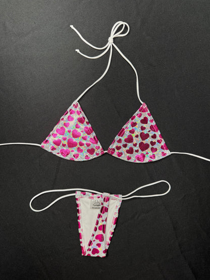 Heart Holographic Two-Piece Micro Bikini Lingerie Outfit