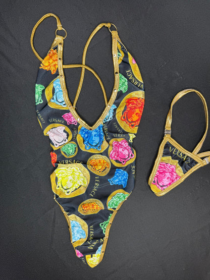 Designer/Gold Spandex One-Piece Bikini Lingerie Outfit