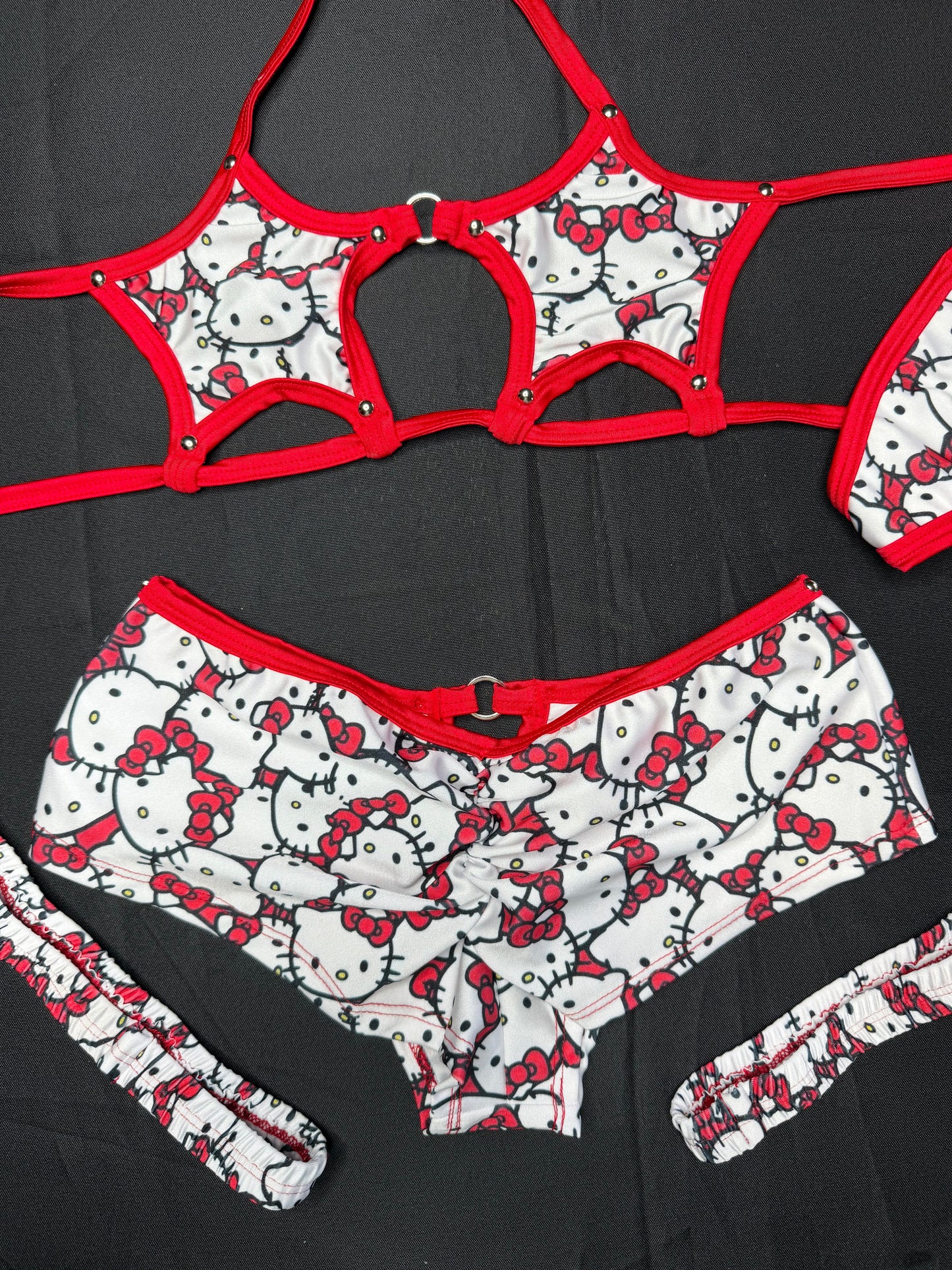 Red/White Kitty Print Spandex Star Top/Mid Rise Shorts Garters Lingerie Outfit