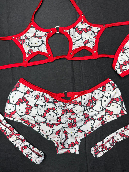 Red/White Kitty Print Spandex Star Top/Mid Rise Shorts Garters Lingerie Outfit