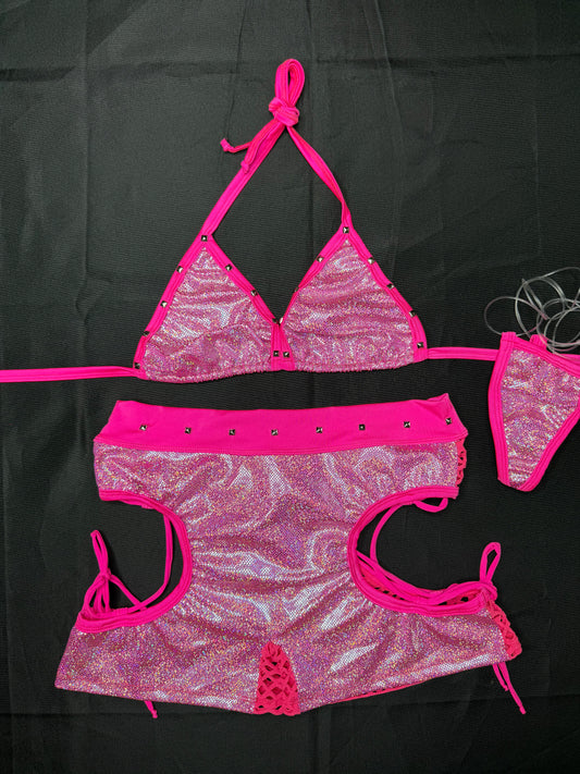 Metallic Hot Pink/Hot Pink Two-Piece Shorts Lingerie Outfit