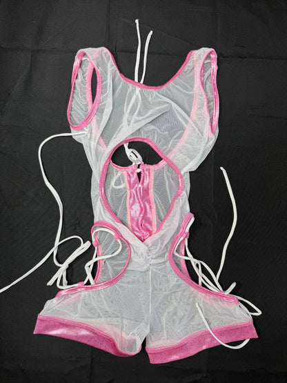 Metallic Baby Pink Spandex/White Mesh Romper Lingerie Outfit