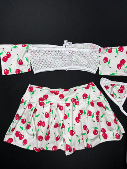 White Cherry Short Sleeve Tube Top/Skirt Two-Piece Lingerie Outfit