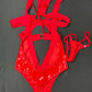 Red Latex One-Piece Leotard Lingerie Outfit