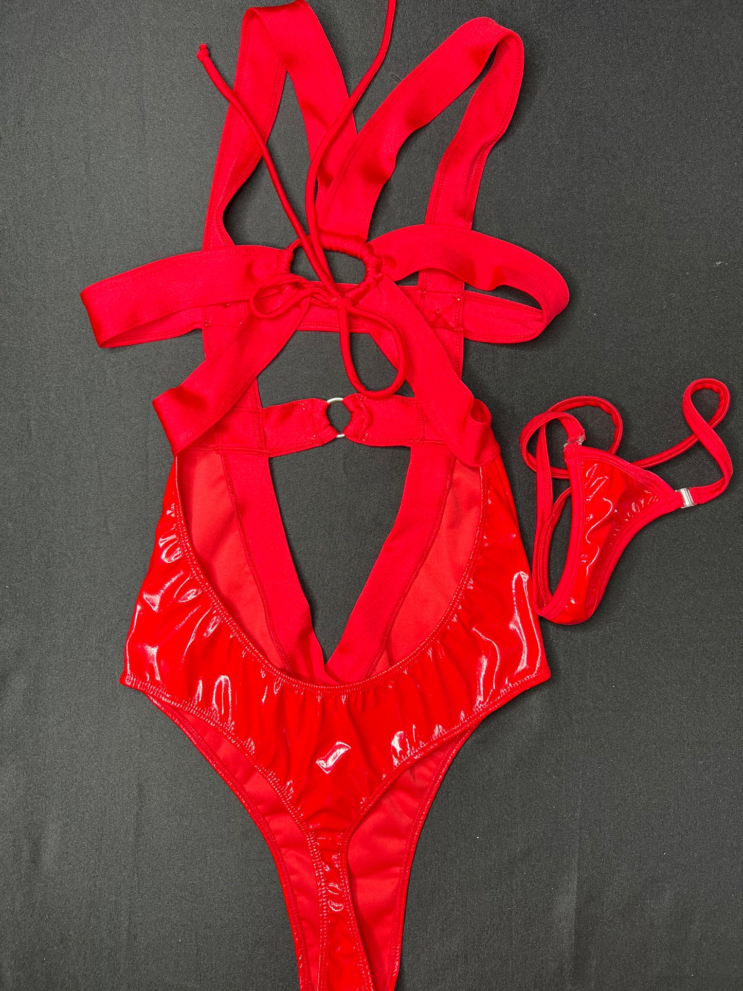 Red Latex One-Piece Leotard Lingerie Outfit