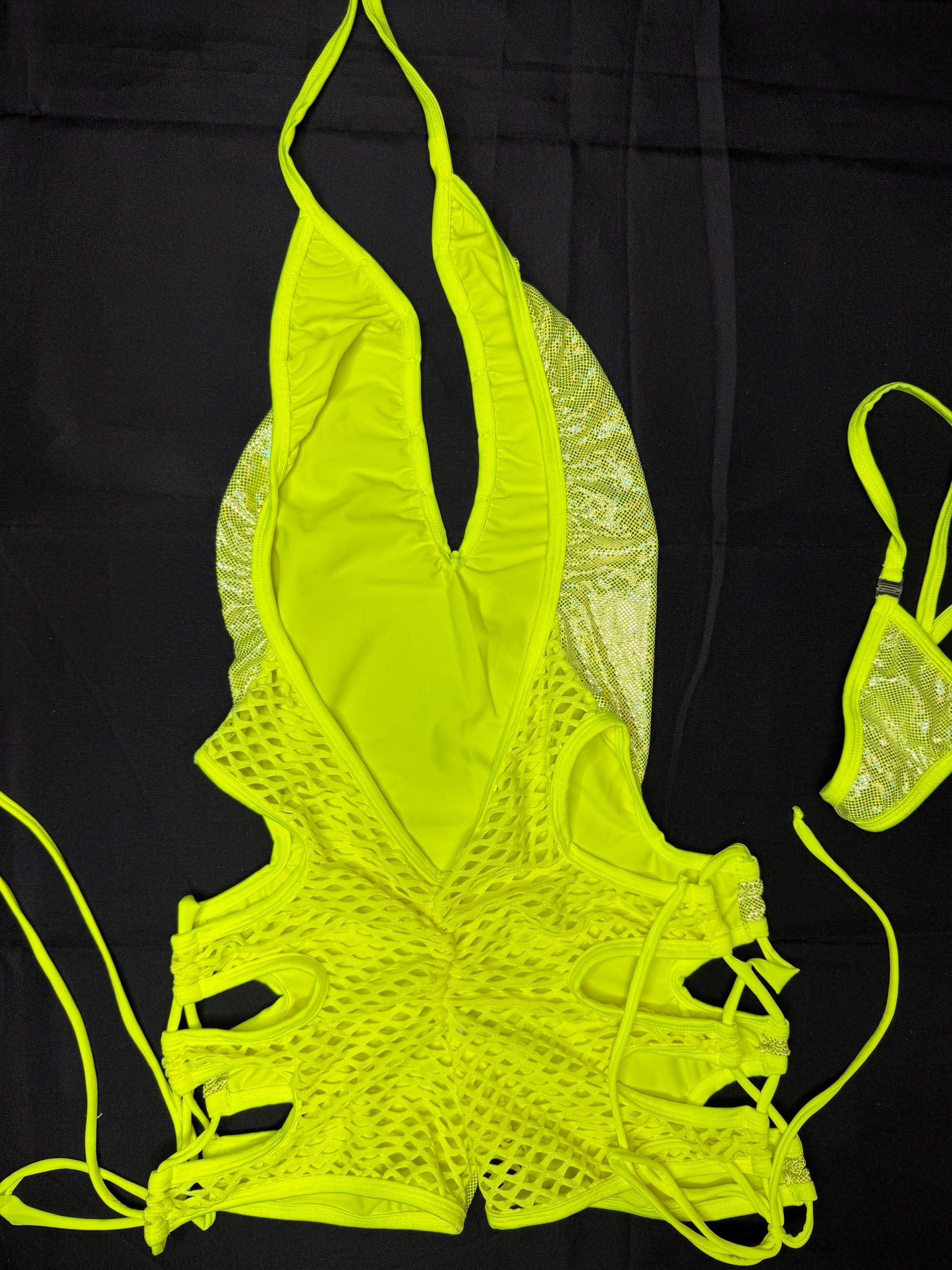 Neon Metallic Yellow Spandex Romper Lingerie Outfit