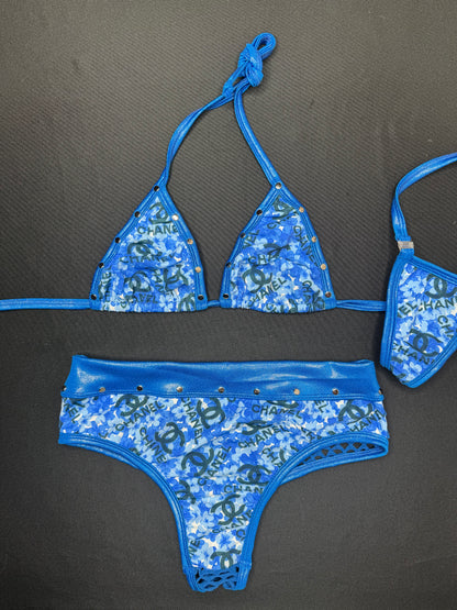 Microdot Blue/Royal Blue Bikini Top/High Waist Shorts Two-Piece Lingerie Outfit