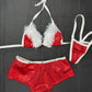 Red/White Spandex/Fur Three-Piece Bikini Top/Shorts With Hat Lingerie Outfit
