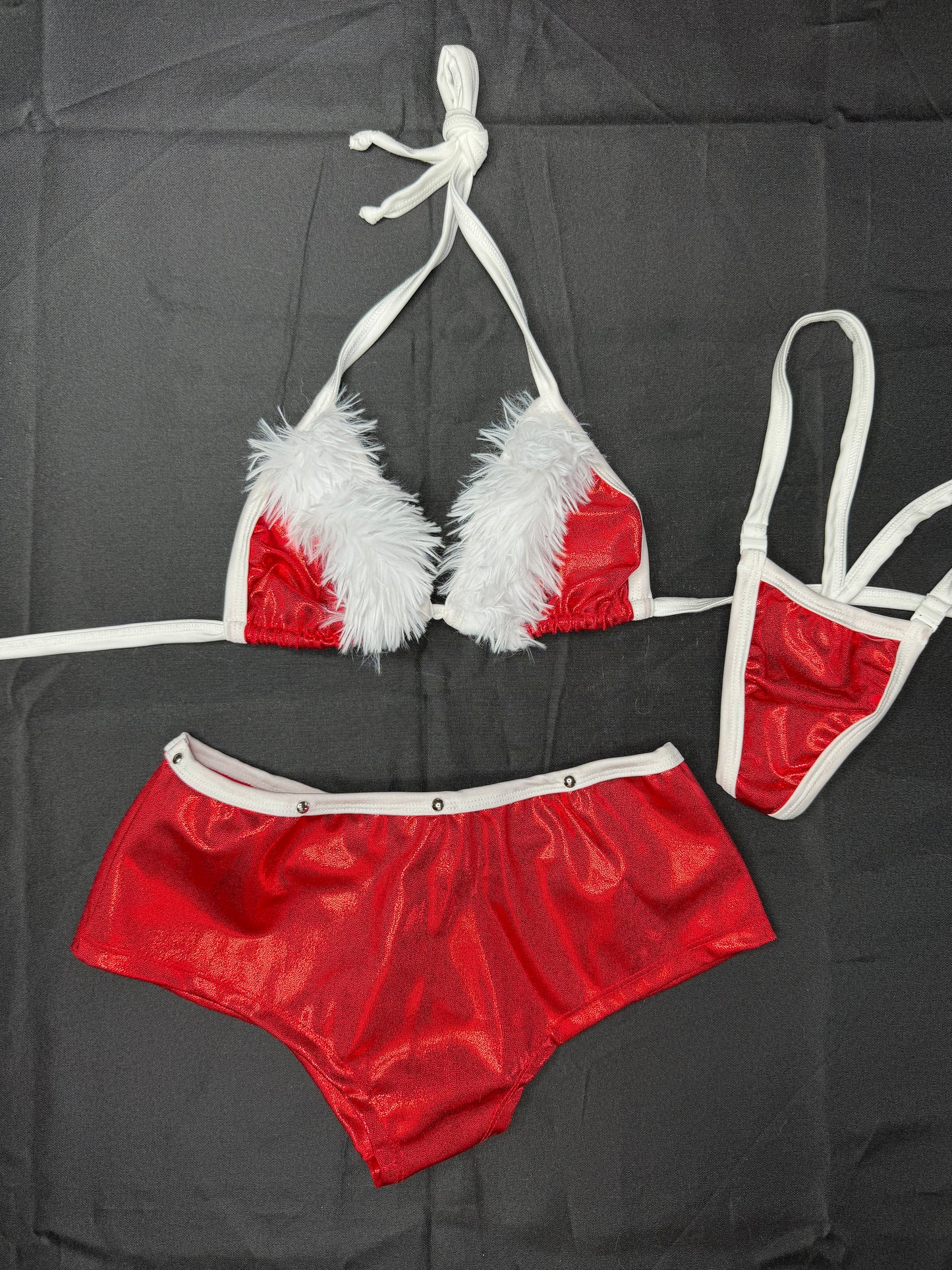 Red/White Spandex/Fur Three-Piece Bikini Top/Shorts With Hat Lingerie Outfit