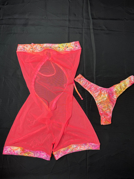 Bright Neon Coral/Hot Pink Mesh One-Piece Cheeky Thong Lingerie Outfit