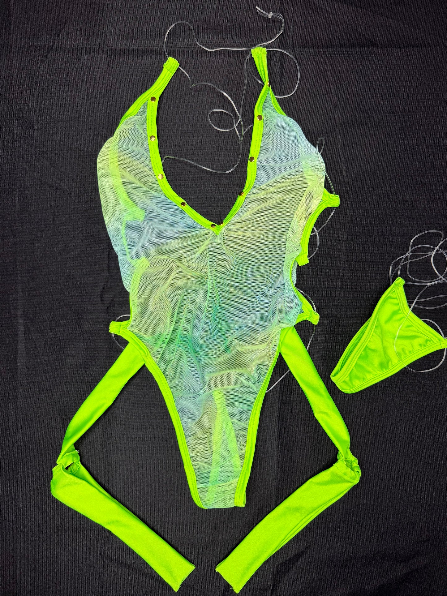 Neon Yellow Spandex/Green Mesh One-Piece Garters Lingerie Outfit