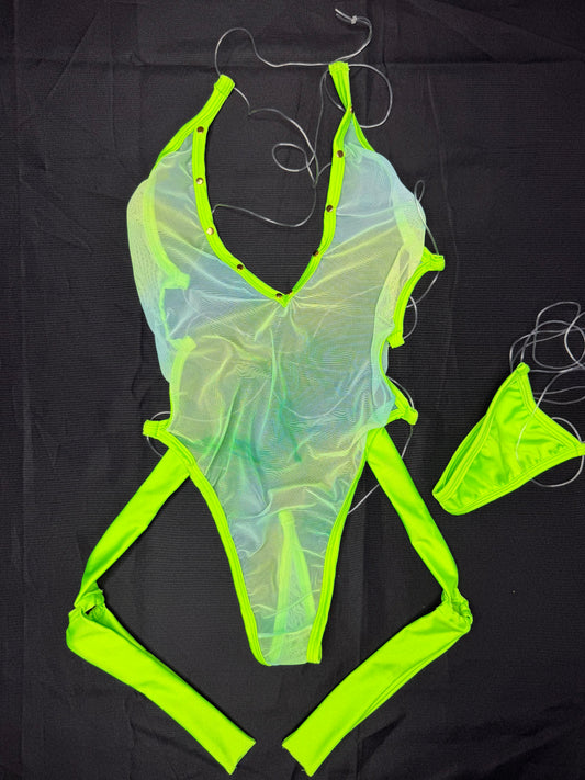 Neon Yellow Spandex/Green Mesh One-Piece Garters Lingerie Outfit